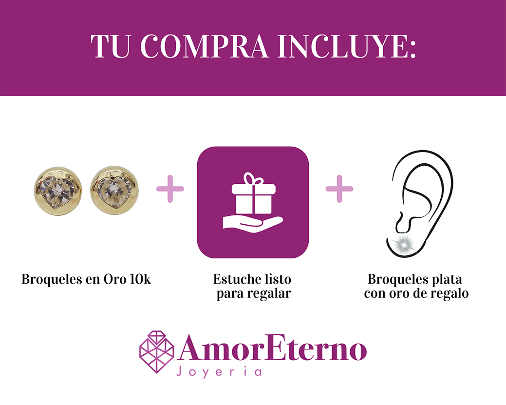 Amor Eterno - Broqueles Bisel Corazón / Aretes / Oro 10k / Transparente