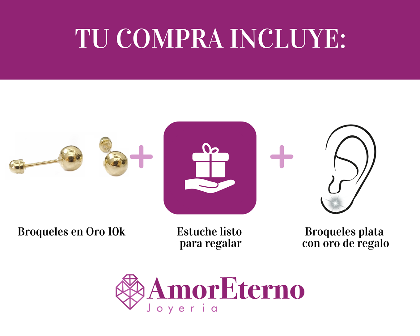 Amor Eterno - Broqueles / Dormilonas 4mm / Aretes / Oro 10k