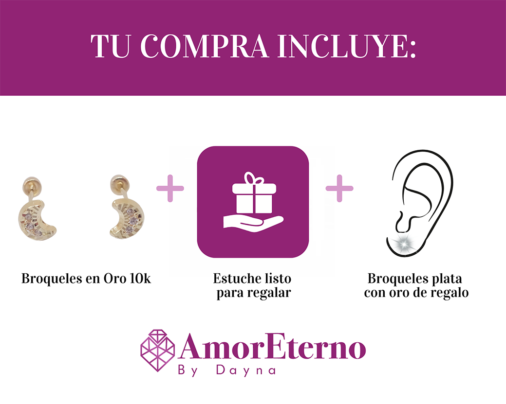 Amor Eterno - Broqueles Luna Mini Diamantes / Aretes Oro 10k
