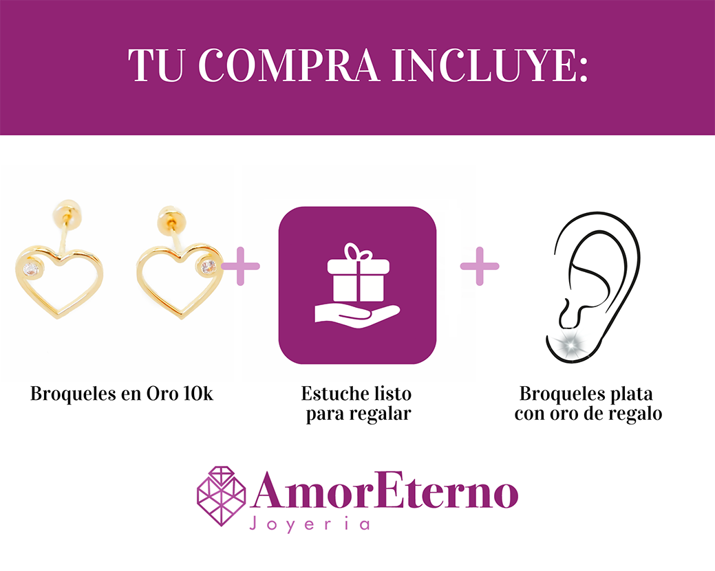 Amor Eterno - Broqueles / Corazón Silueta Diamante / Oro 10k