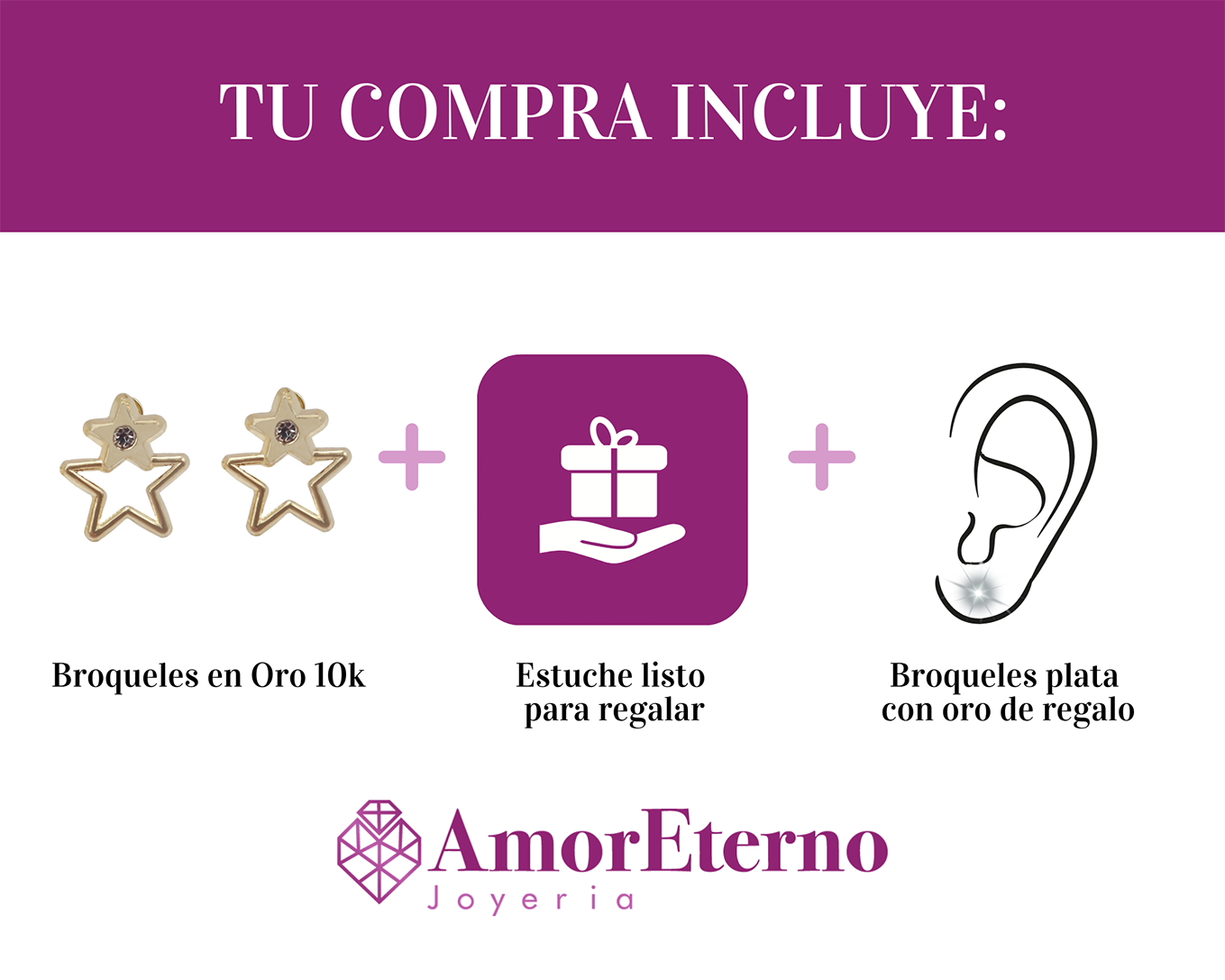 Amor Eterno - Broqueles Estrella Bisel Siluet Aretes Oro 10k