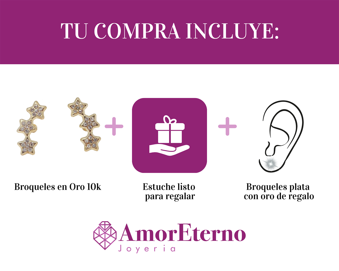 Amor Eterno - Broqueles Estrella Fugaz 15p* / Aretes Oro 10k