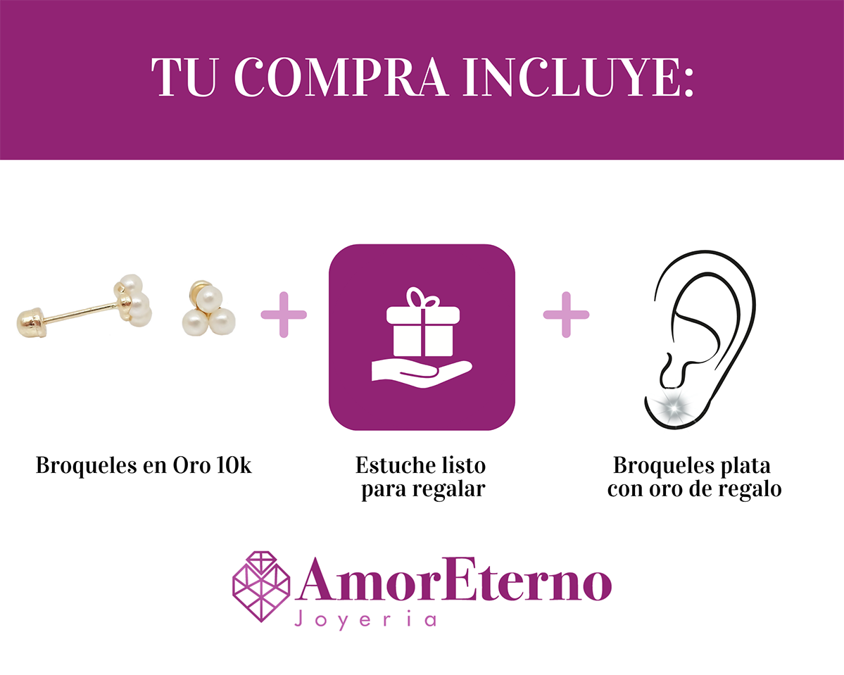 Amor Eterno - Broqueles Mini Trébol / Aretes / Oro 10k / Perla