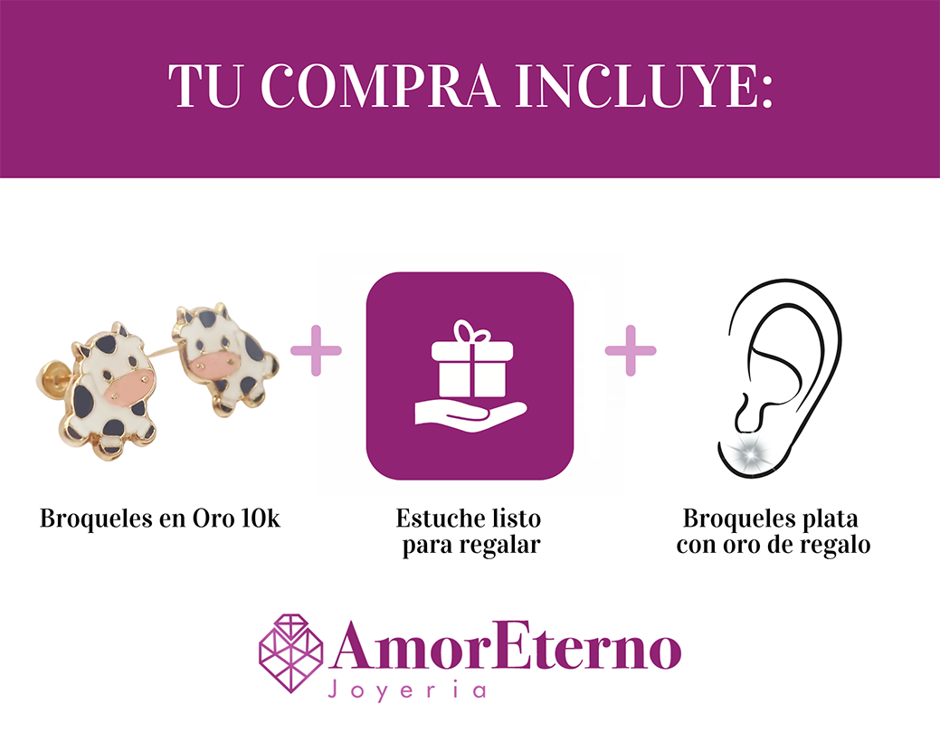 Amor Eterno - Broqueles Vaca Vaquita / Aretes Oro 10k