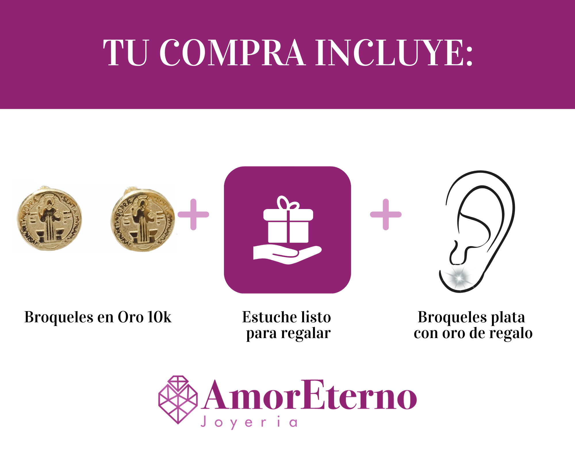 Amor Eterno - Broqueles Botón San Benito / Aretes / Oro 10k