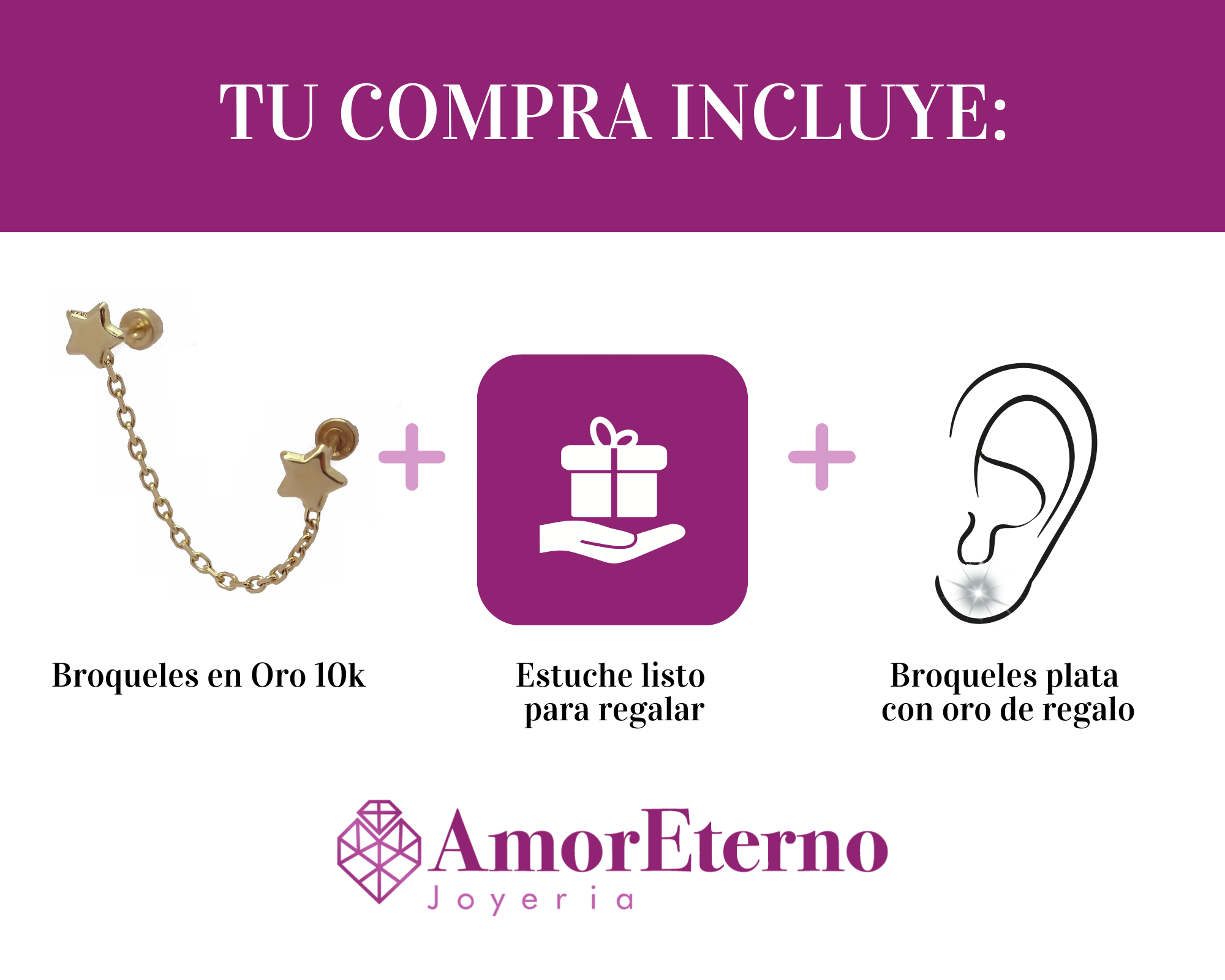 Amor Eterno - Broquel Aretes Cadena Estrella - Estrella Oro 10k