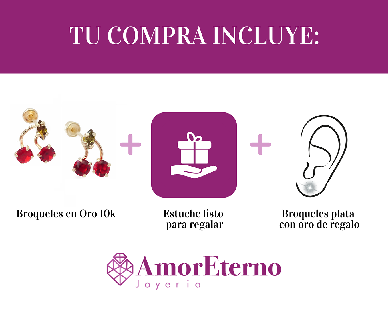 Amor Eterno - Broqueles / Cereza Par / Aretes / Oro 10k