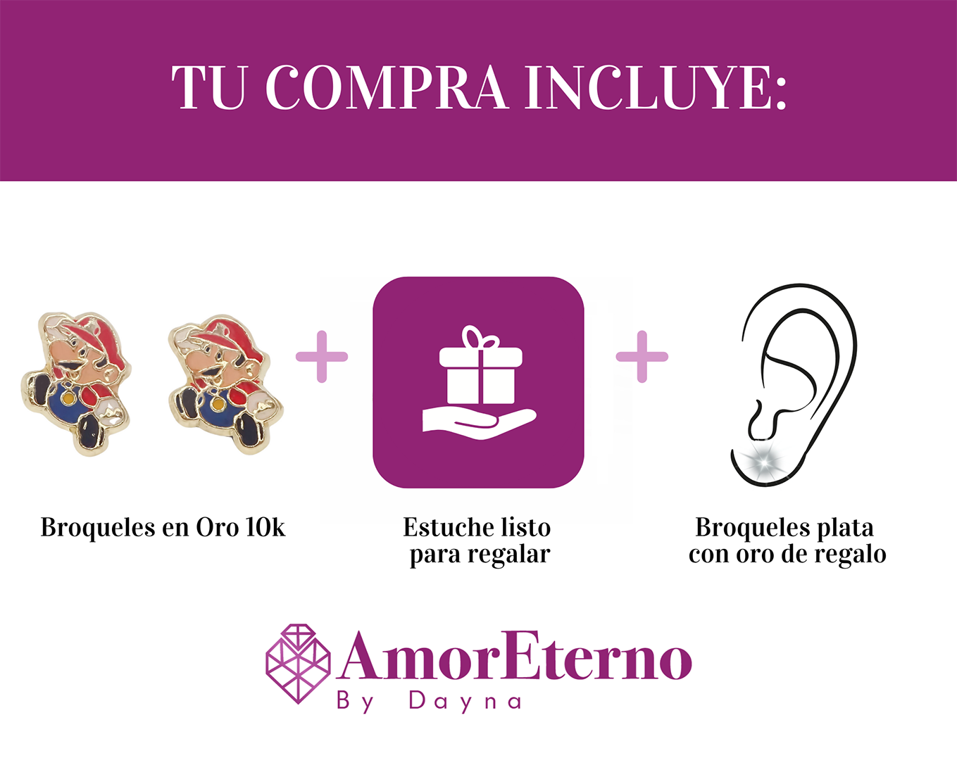Amor Eterno - Broqueles Mario Bros / Aretes Oro 10k