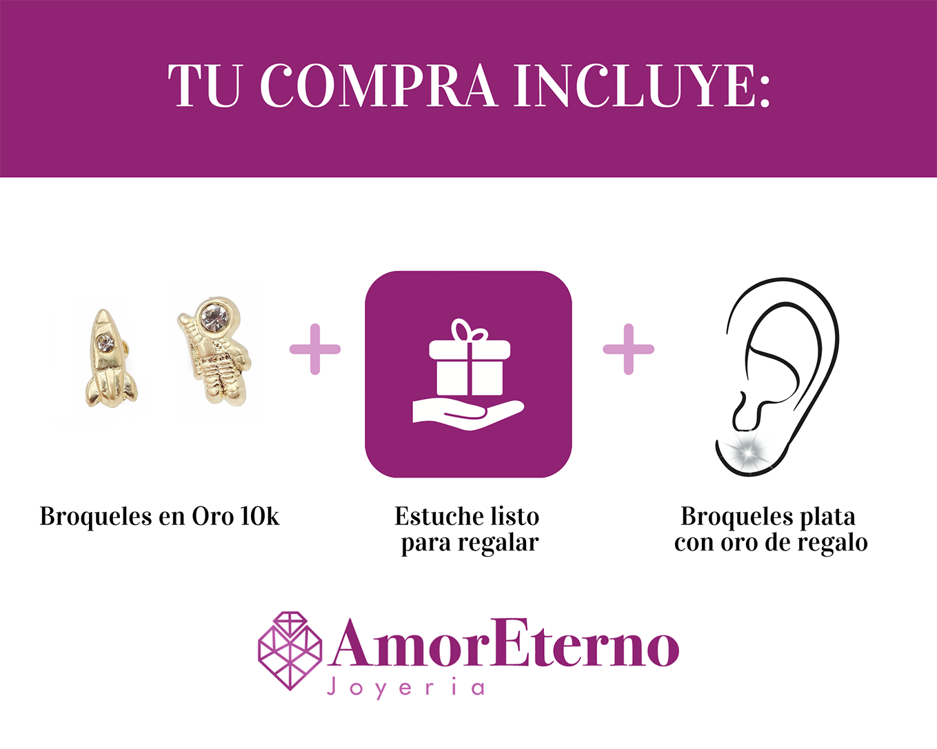 Amor Eterno - Broqueles Cohete - Astronauta / Aretes / Oro 10k