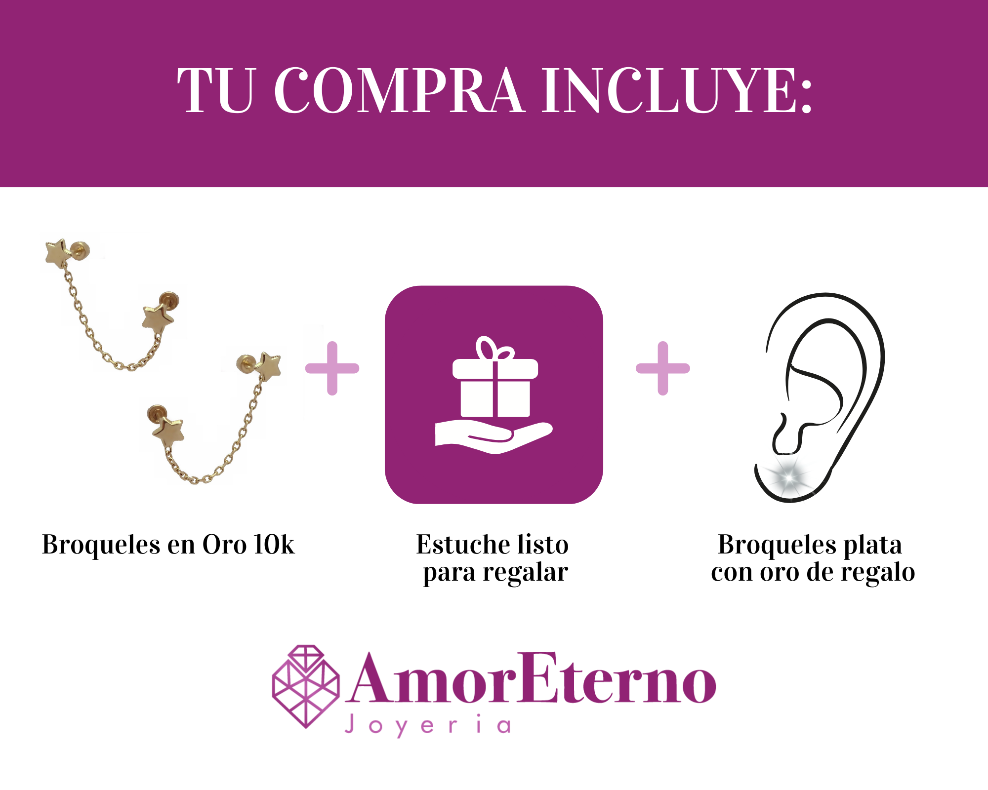 Amor Eterno - 2 Broquel Aretes Cadena Estrella - Estrella / 10k