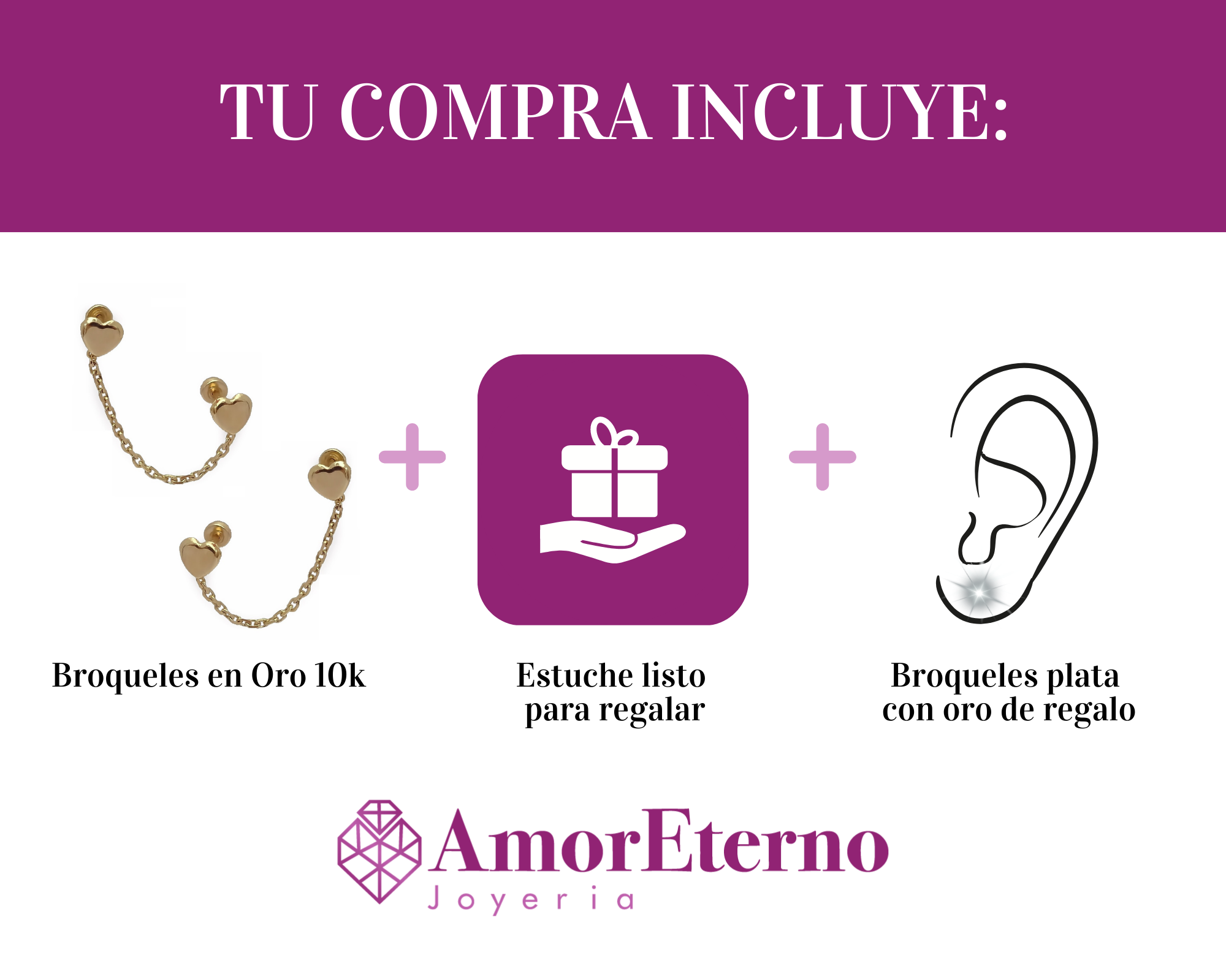 Amor Eterno - 2 Broquel Aretes Cadena Corazón - Corazón / 10k