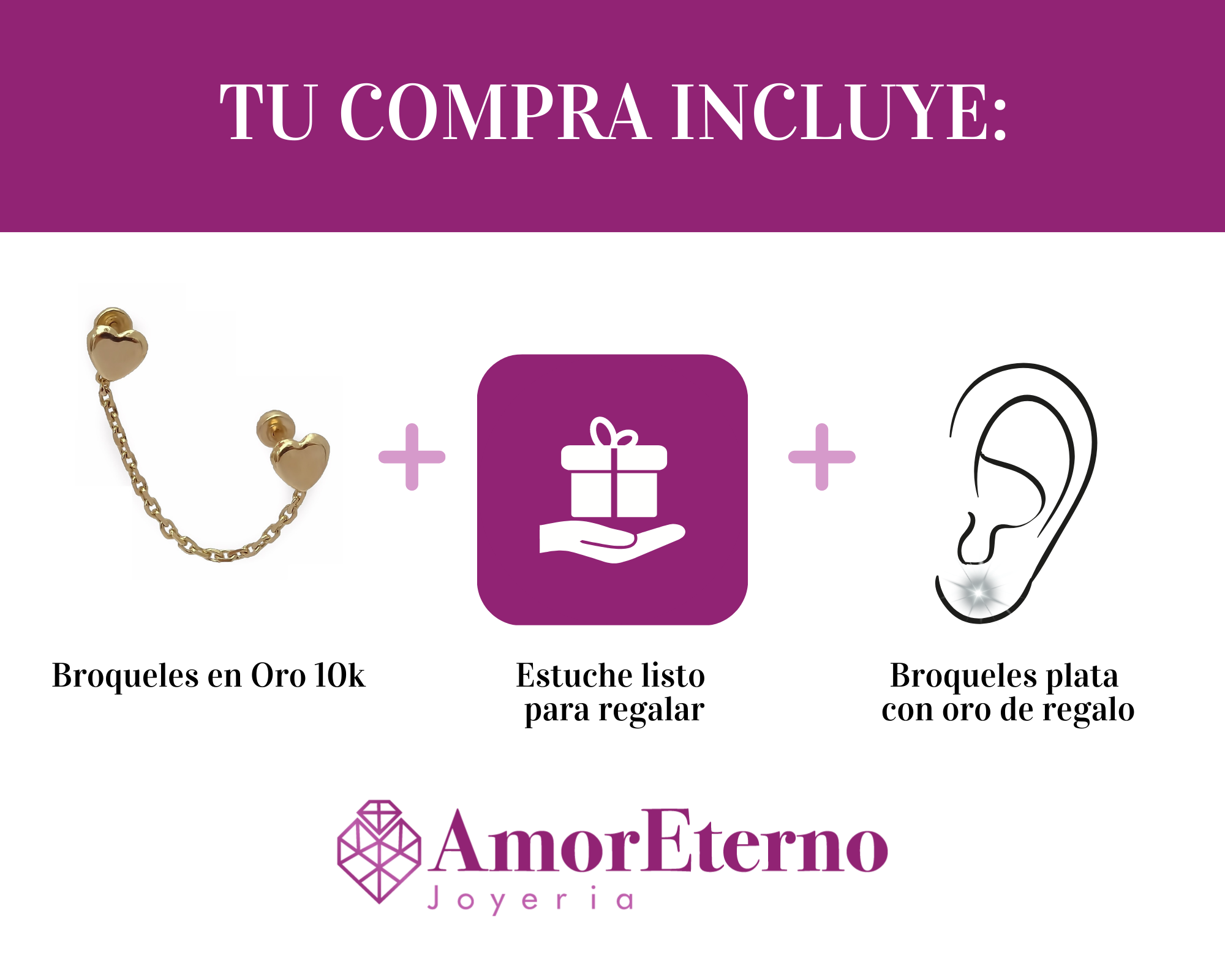 Amor Eterno - Broquel Aretes Cadena Corazón - Corazón Oro 10k