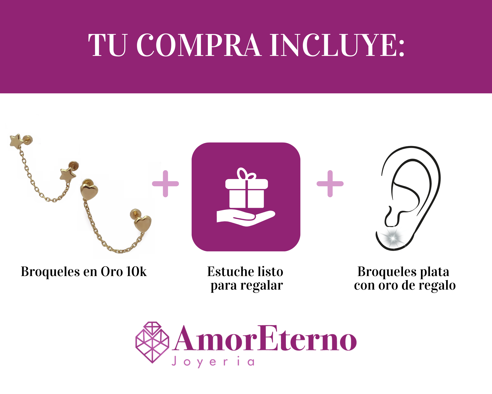 Amor Eterno - 2 Broquel Aretes Cadena Estrella - Corazón / 10k