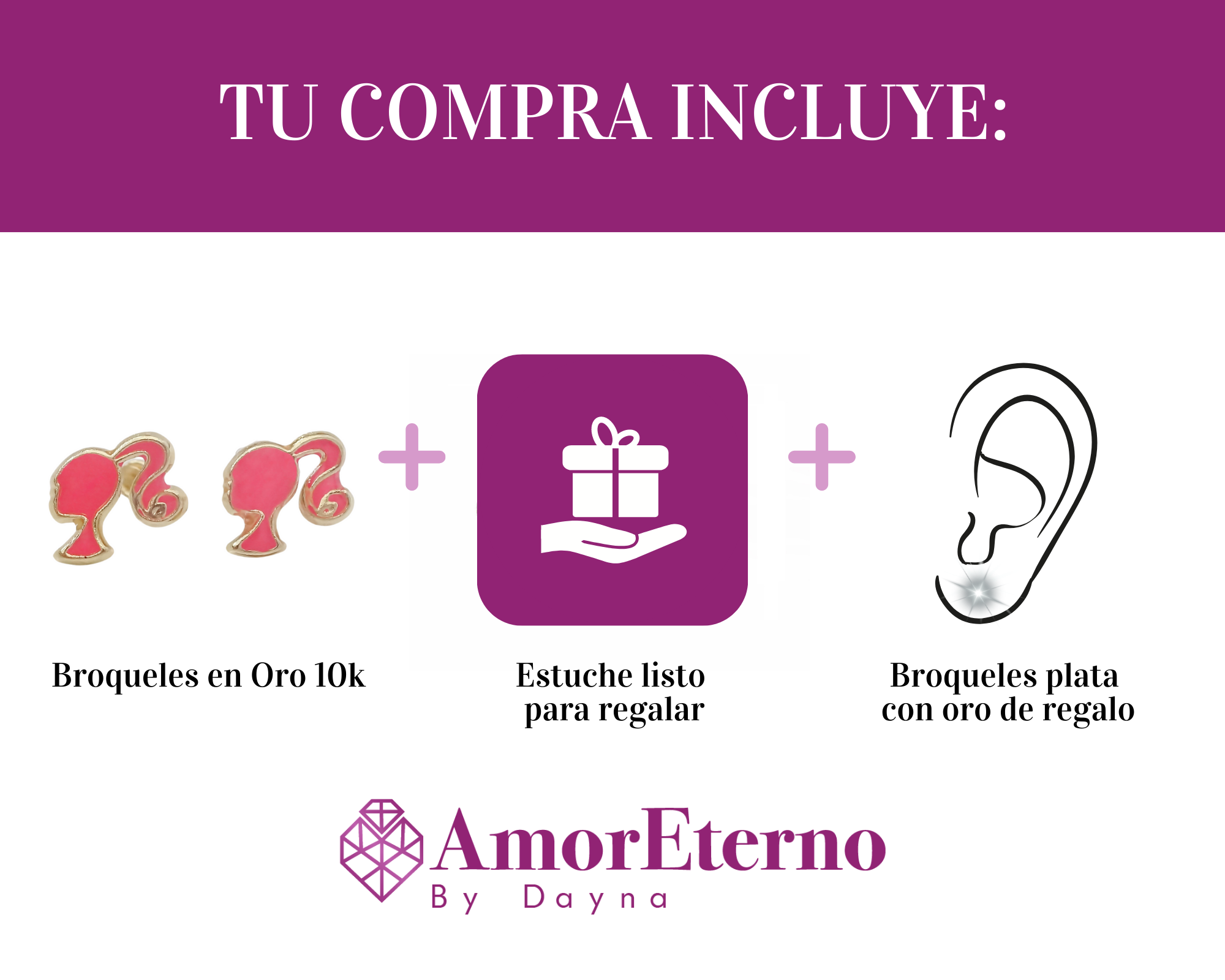 Amor Eterno - Broqueles Perfil Barbie / Aretes Oro 10k