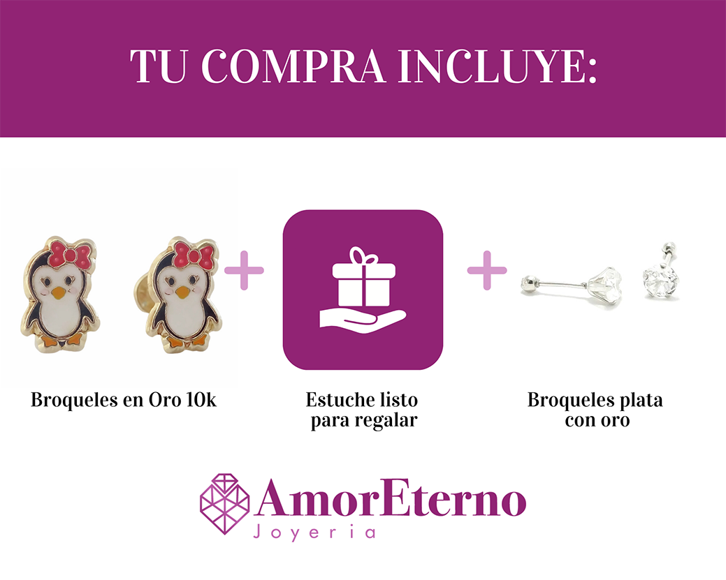 Amor Eterno - Broqueles Deluxe Pinguinos / Aretes / Oro 10k / Pinguinita