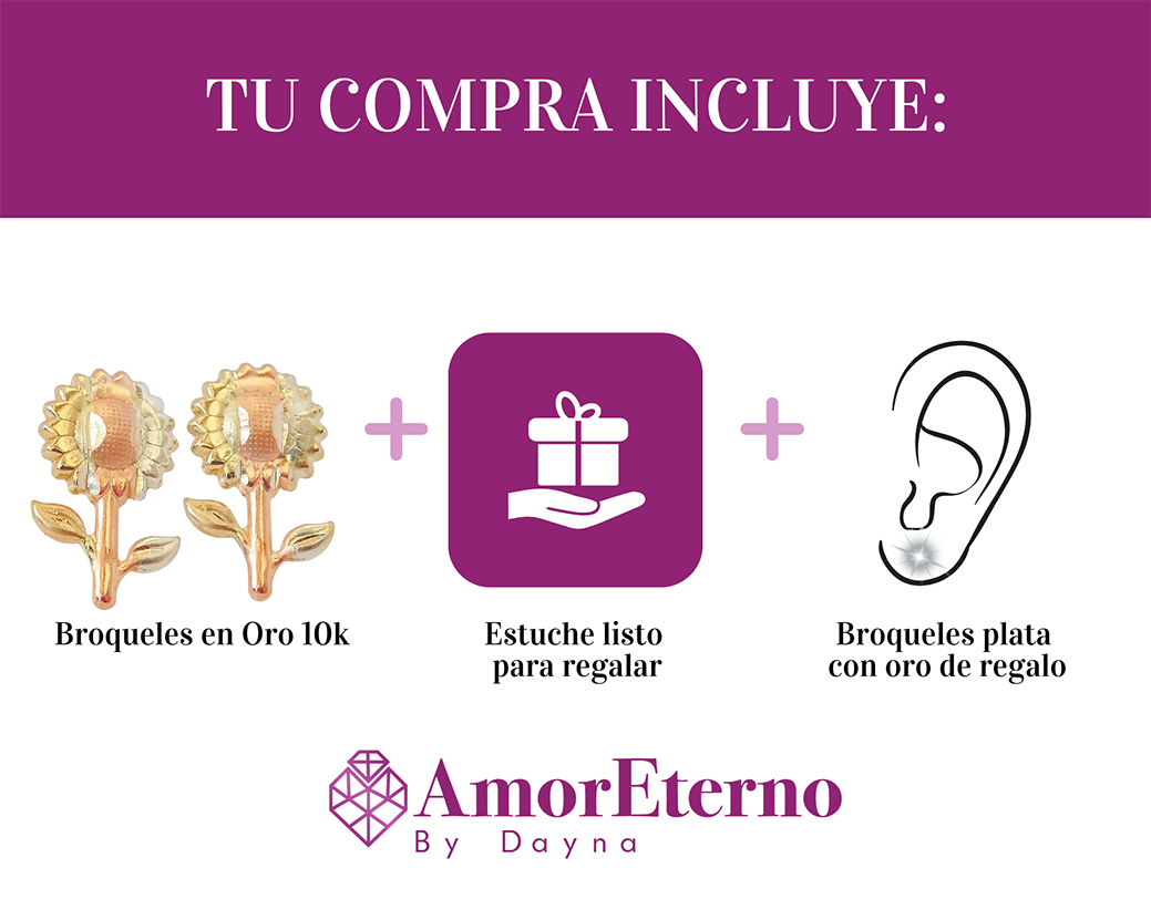 Amor Eterno - Broqueles Aretes / Girasol 3 Oros / Oro 10k