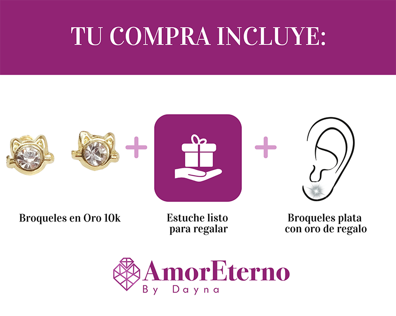 Amor Eterno - Broqueles Carita De Gato / Aretes Oro 10k
