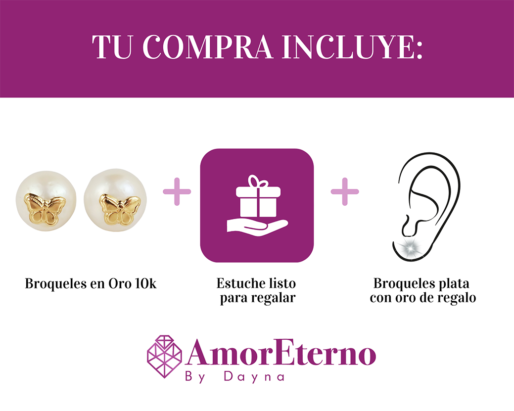 Amor Eterno - Broqueles Perla Mariposa / Aretes / Oro 10k