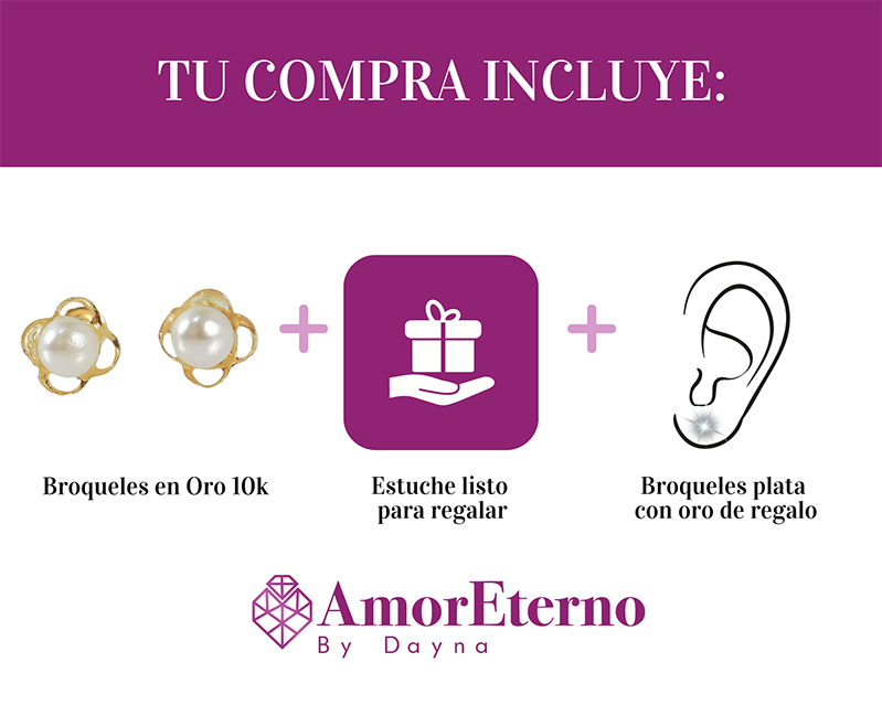 Amor Eterno - Broqueles Perla Flor Bebé / Aretes / Oro 10k