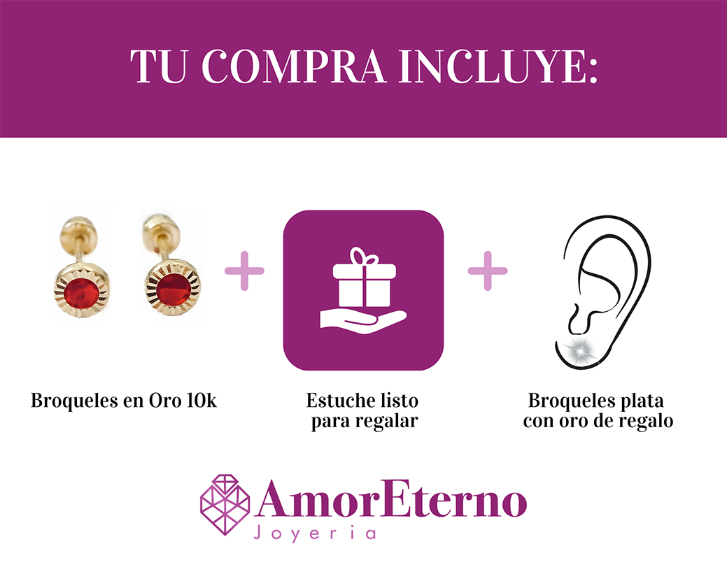 Amor Eterno - Broqueles Facetado Bebé / Aretes / Oro 10k / Rojo
