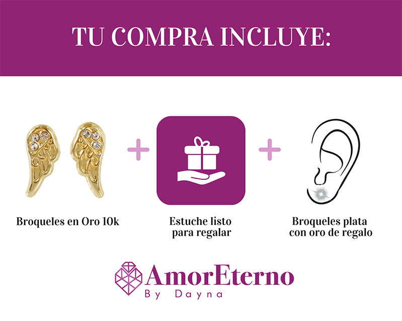 Amor Eterno - Broqueles Alas Ángel Piedras / Aretes Oro 10k