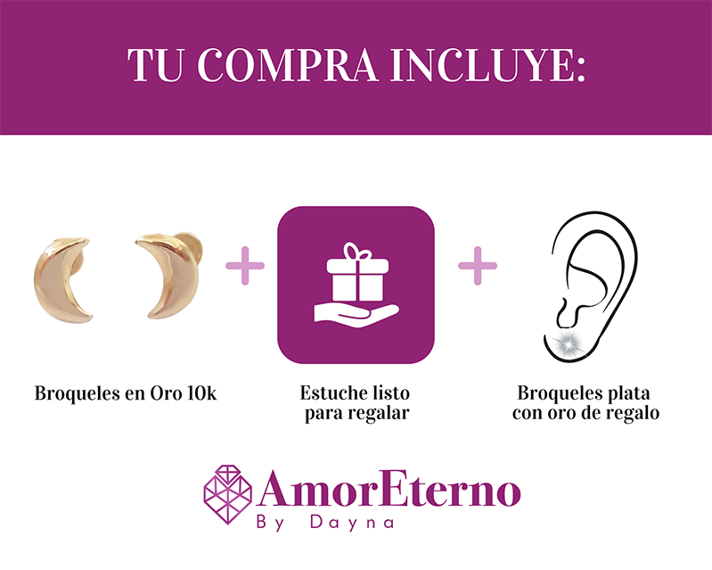 Amor Eterno - Broqueles Luna / Aretes / Oro Sólido 10k / Rellena Mini