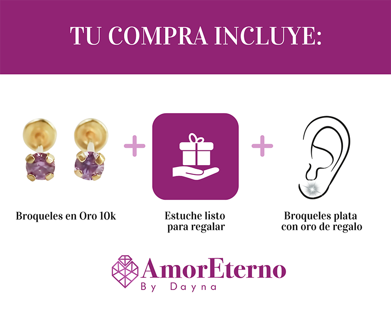 Amor Eterno - Broqueles Recto Mini Bebé / Aretes / Oro 10k / Lila
