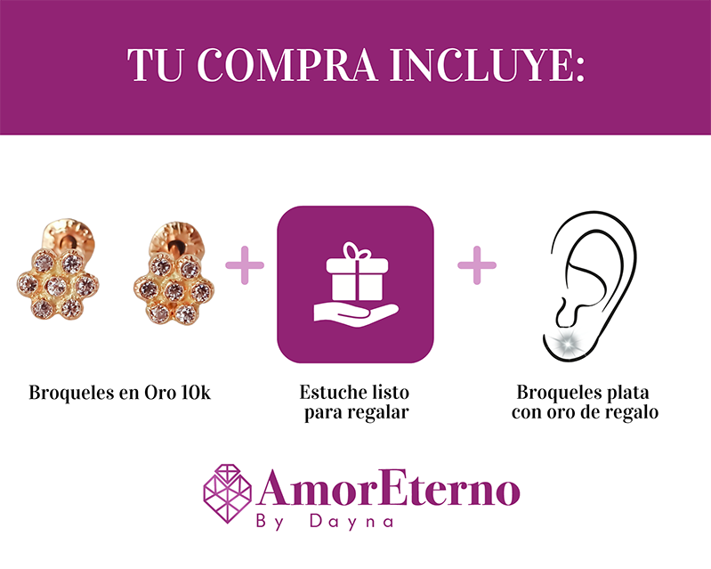 Amor Eterno - Broqueles Roseta Bebé / Aretes Oro 10k / Rosa