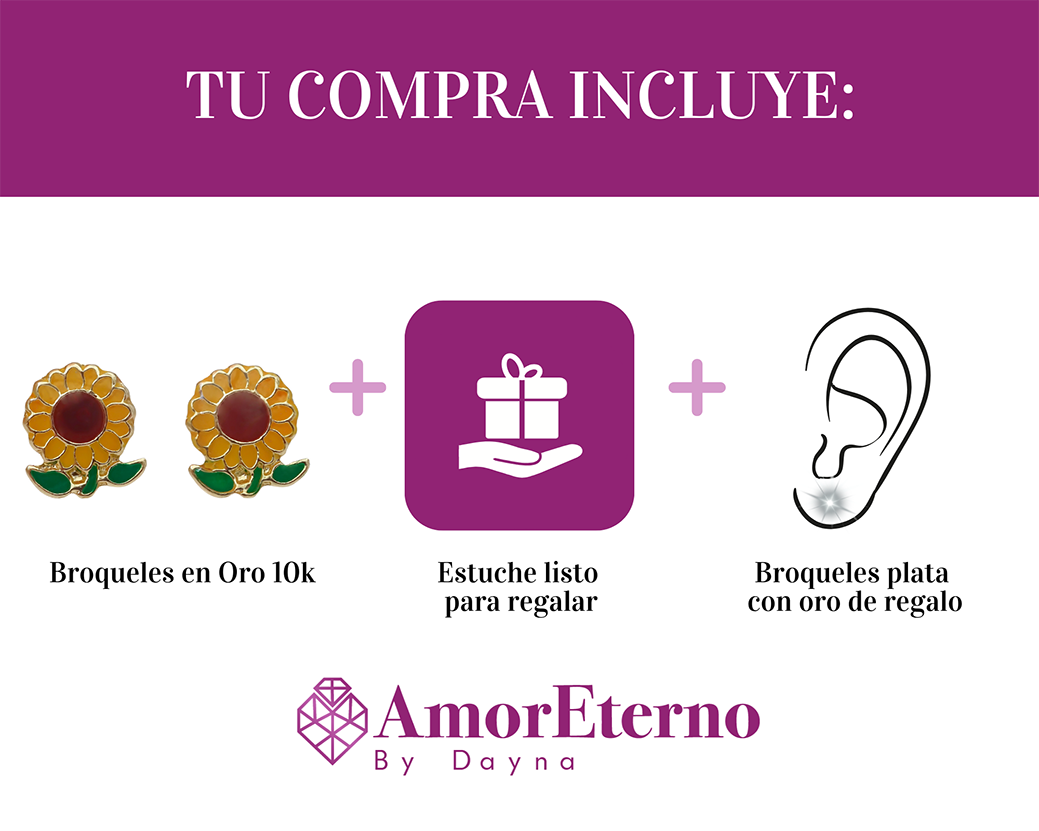 Amor Eterno - Broqueles Aretes / Girasol Esmaltado / Oro 10k