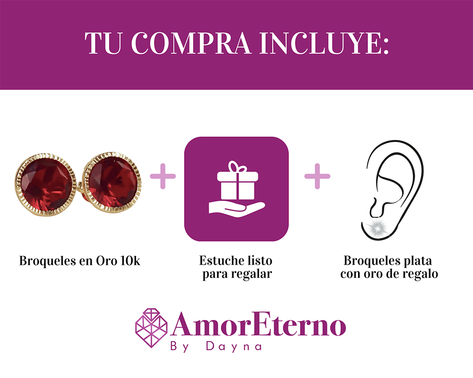 Amor Eterno - Broqueles Recto Facetado Grande 8mm / Oro 10k / Rojo
