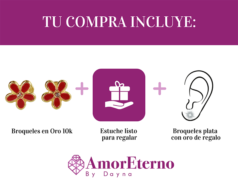 Amor Eterno - Broqueles Margarita Esmaltada / Oro Sólido 10k / ROJO