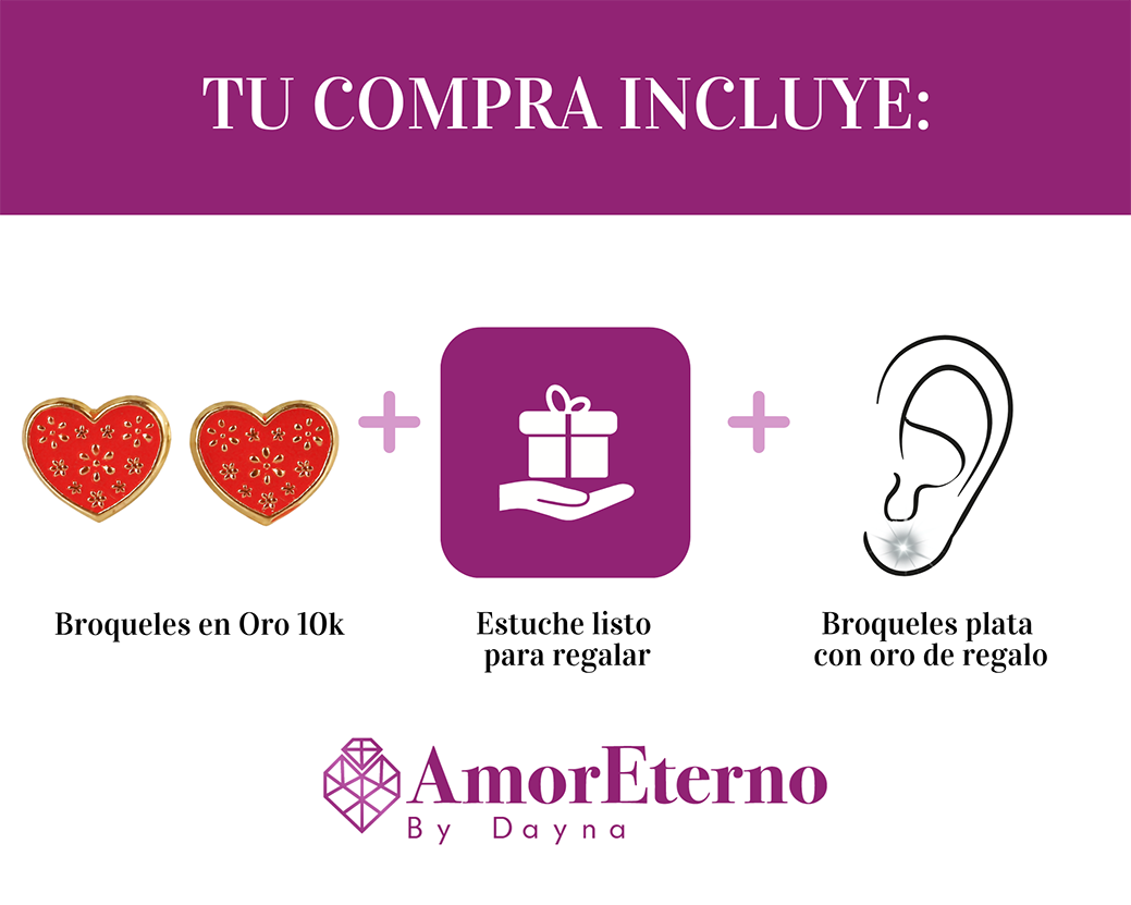 Amor Eterno - Broqueles Flores En Corazón / Aretes / Oro 10k