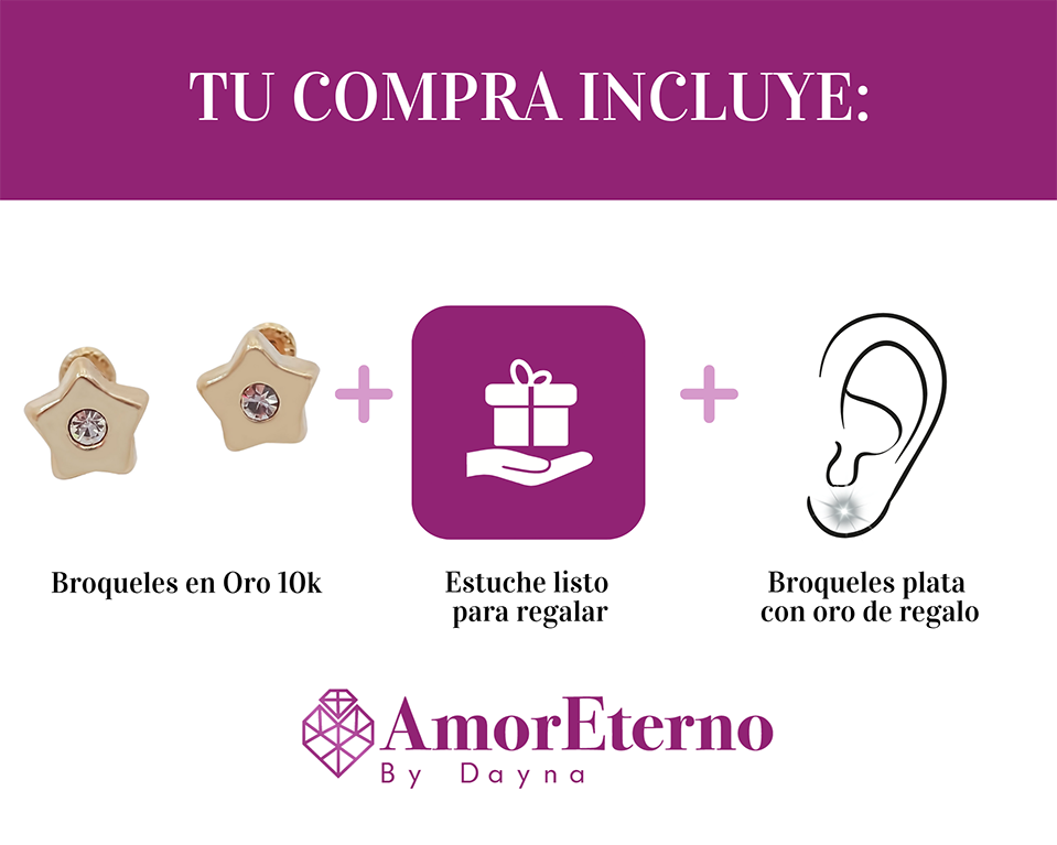 Amor Eterno - Broqueles Estrella Con Piedra Aretes / Oro 10k