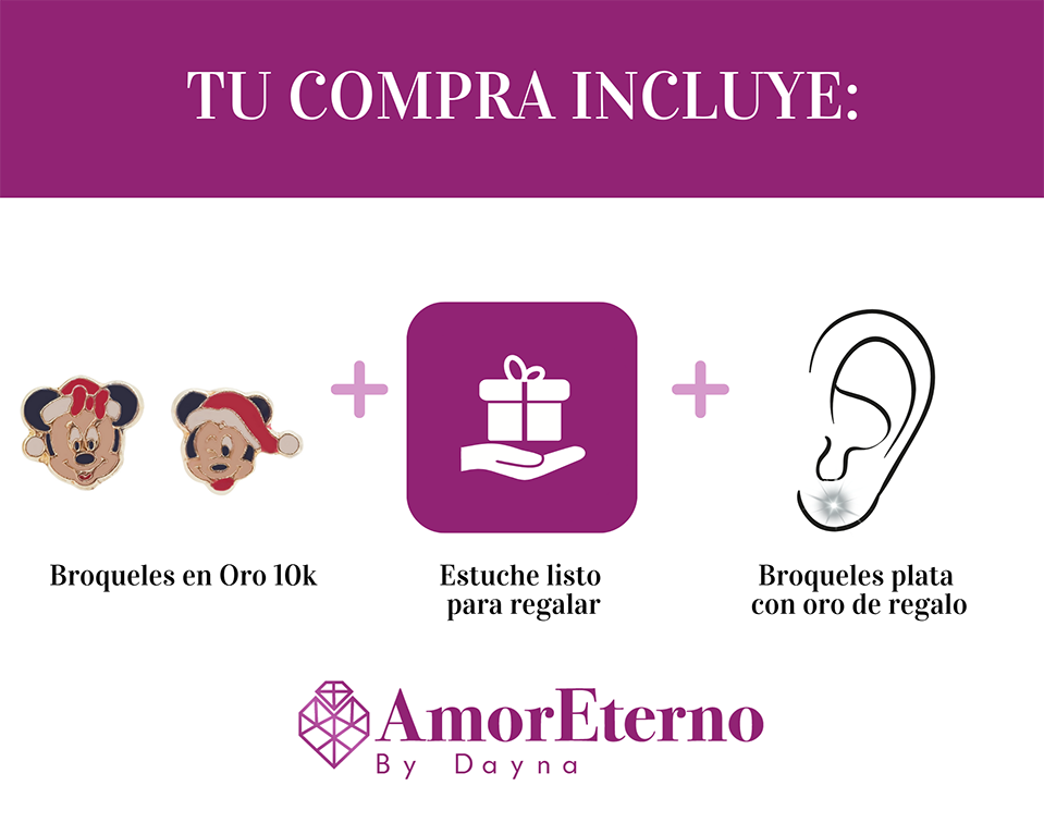 Amor Eterno - Broqueles / Mickey Minnie Navideño Oro 10k / Mickey - Minnie