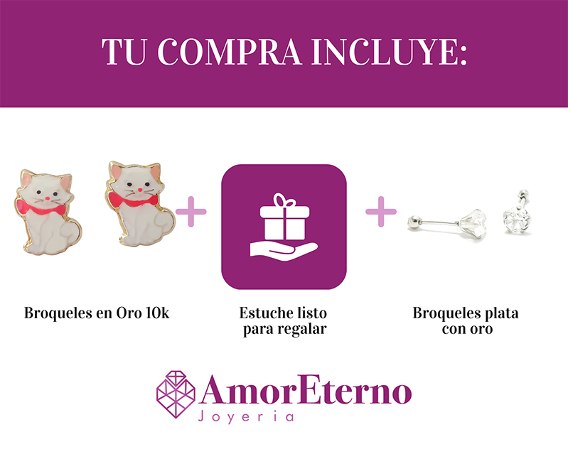 Amor Eterno - Broqueles Deluxe Gatita / Aretes / Oro 10k
