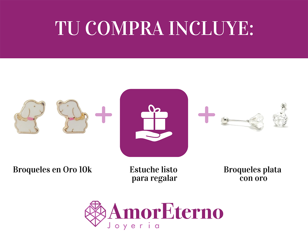 Amor Eterno - Broqueles Deluxe Perrito / Aretes / Oro 10k