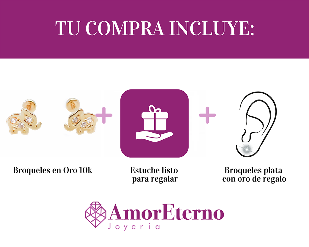 Amor Eterno - Broqueles Elefantito / Aretes / Oro Sólido 10k