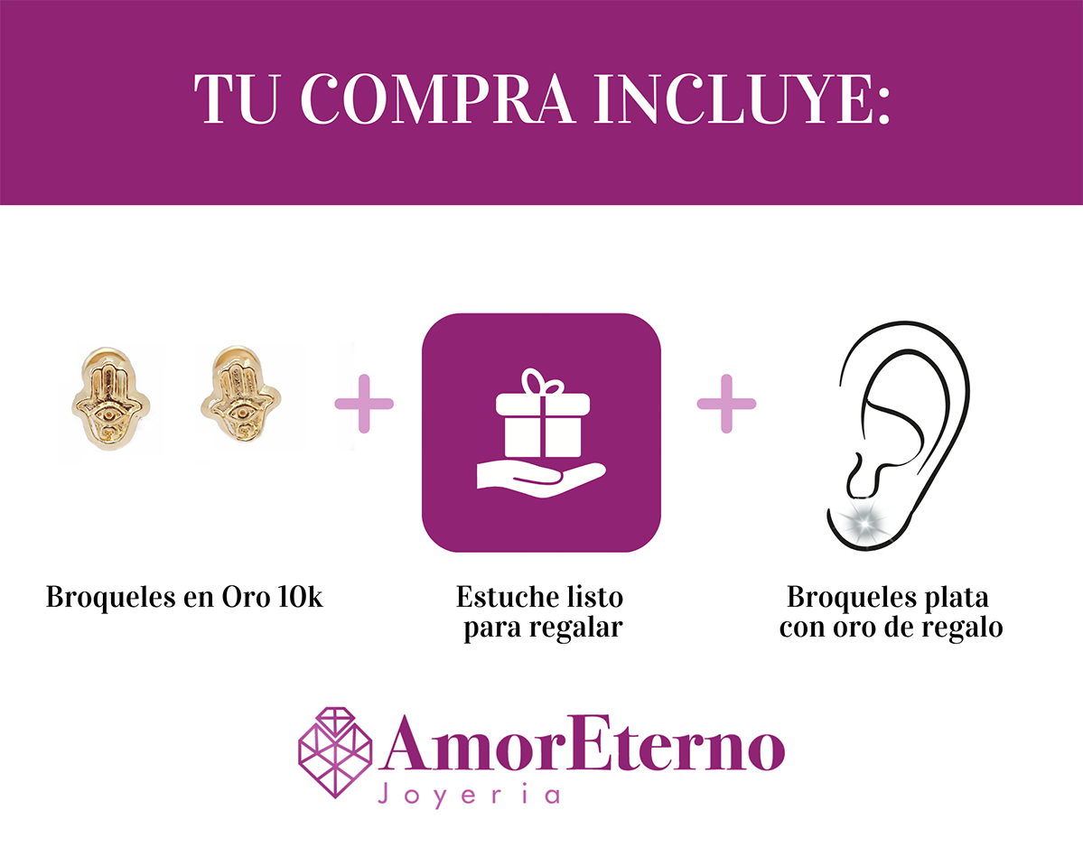 Amor Eterno - Broqueles / Mini Mano De Fátima / Oro 10k