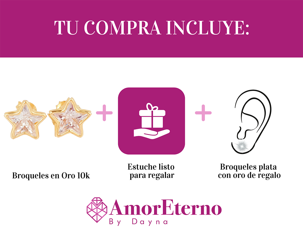 Amor Eterno - Broqueles Estrella Bisel / Aretes Oro 10k