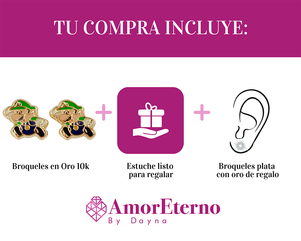 Amor Eterno - Broqueles Mario Bros Toad / Aretes Oro 10k / Luigi