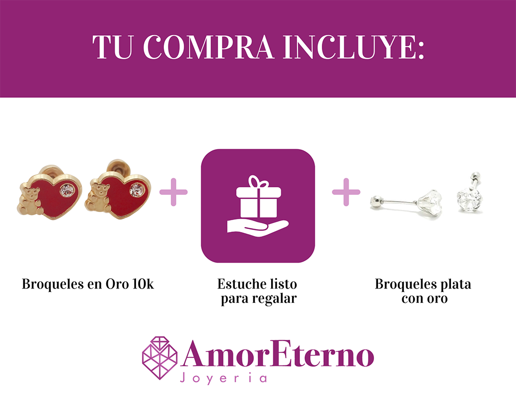 Amor Eterno - Broqueles Deluxe / Osito Corazón / Oro 10k
