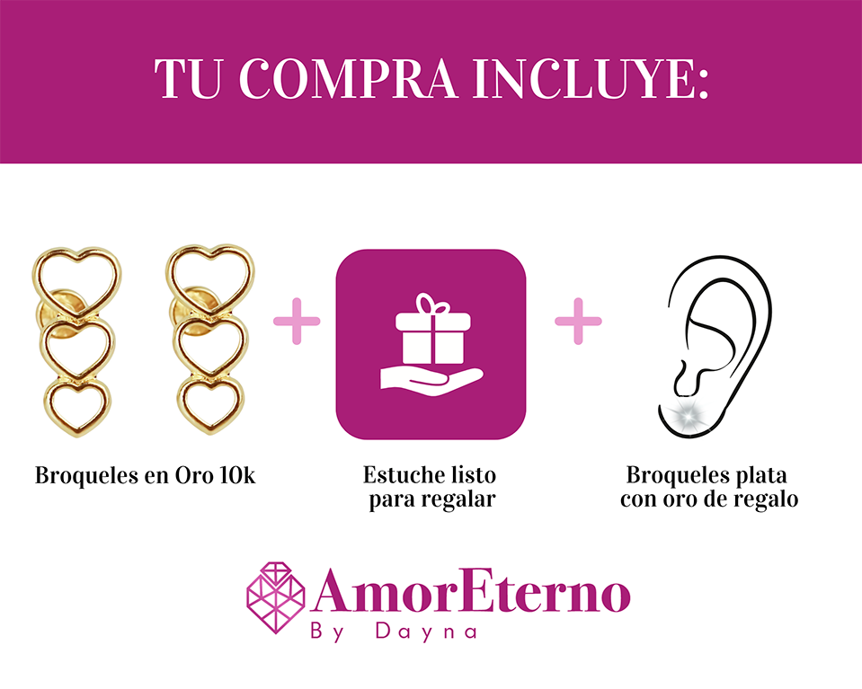 Amor Eterno - Broqueles 3 Corazones / Aretes Oro Sólido 10k