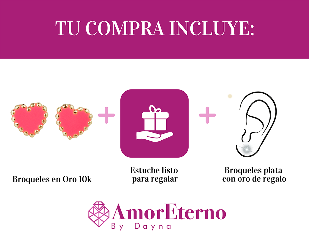 Amor Eterno - Broqueles Corazón Esmaltado / Oro Sólido 10k / Rosa