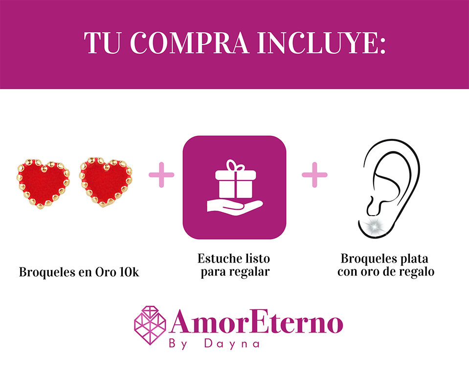 Amor Eterno - Broqueles Corazón Esmaltado / Oro Sólido 10k / Rojo
