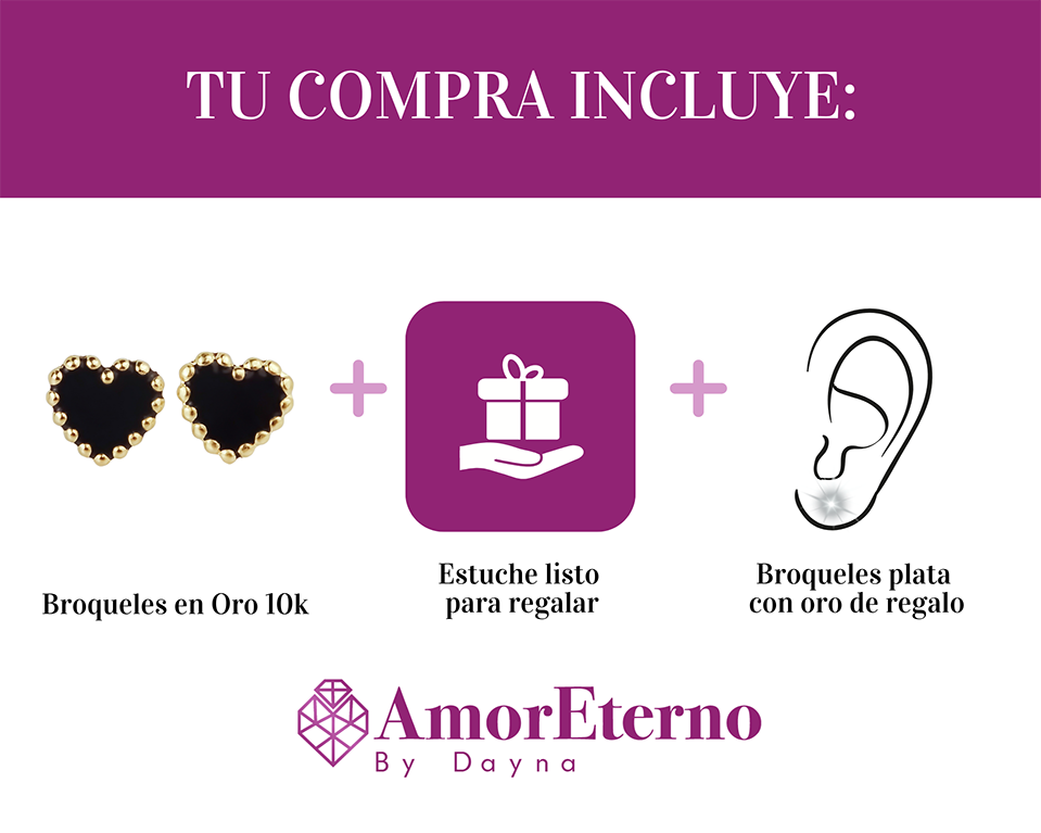 Amor Eterno - Broqueles Corazón Esmaltado / Oro Sólido 10k / Negro