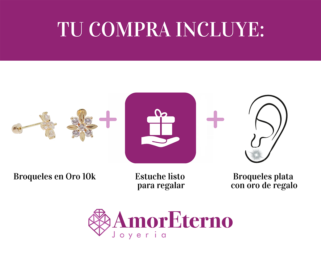 Amor Eterno - Broquel / Flor 4 Hojas / Aretes Oro Sólido 10k