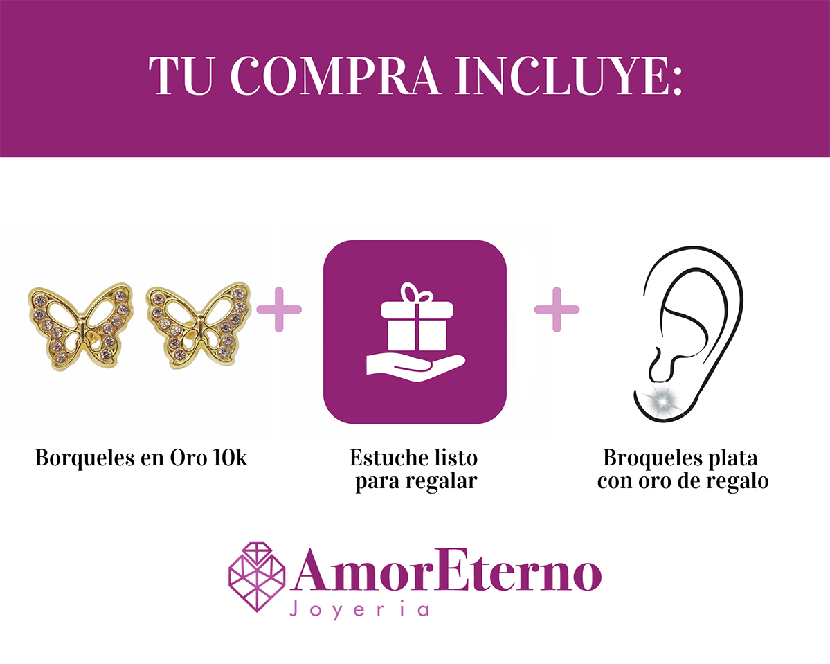 Amor Eterno - Broqueles / Mariposa Grande Transparente / Oro Sólido 10k