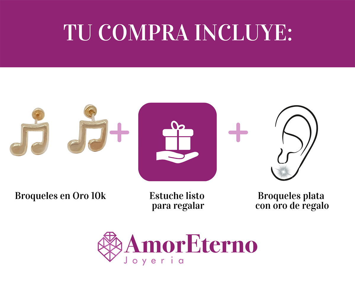 Amor Eterno - Broqueles Aretes / Nota Musical / Oro 10k
