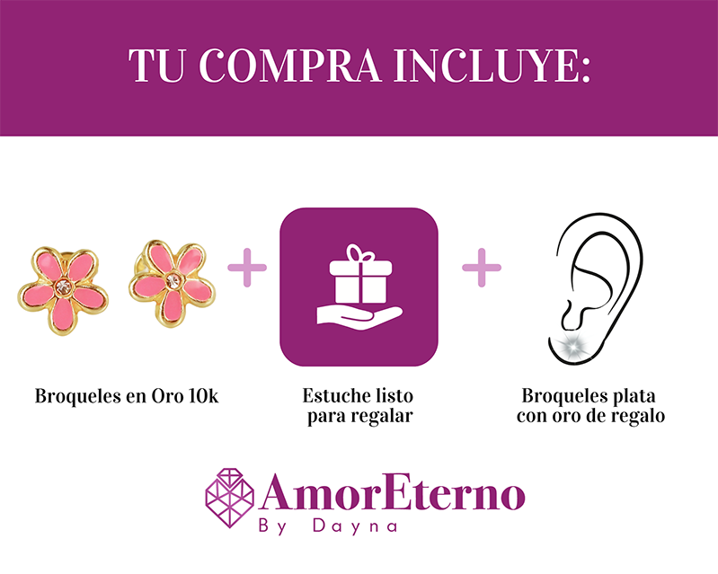 Amor Eterno - Broqueles Margarita Esmaltada / Oro Sólido 10k / ROSA