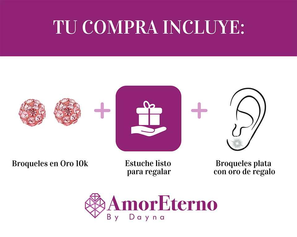Amor Eterno - Broqueles Esferas / Aretes / Oro Sólido 10k / Rosa Chica
